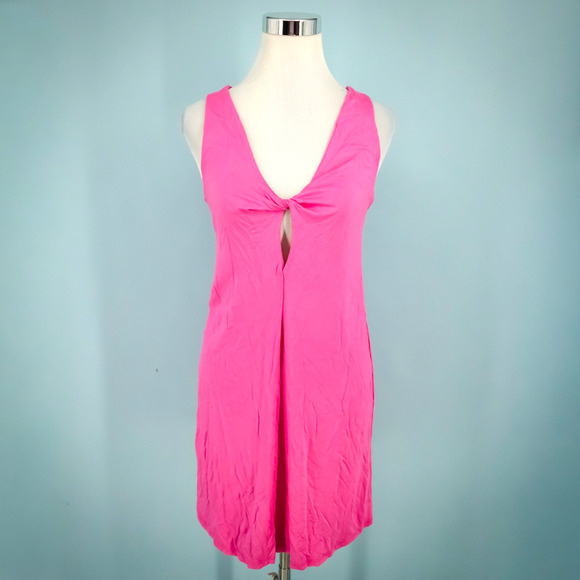 Trina Turk Size Medium M Pink V Neck Sleeveless Cut Out Knit Mini Swim Cover Up - Picture 1 of 6